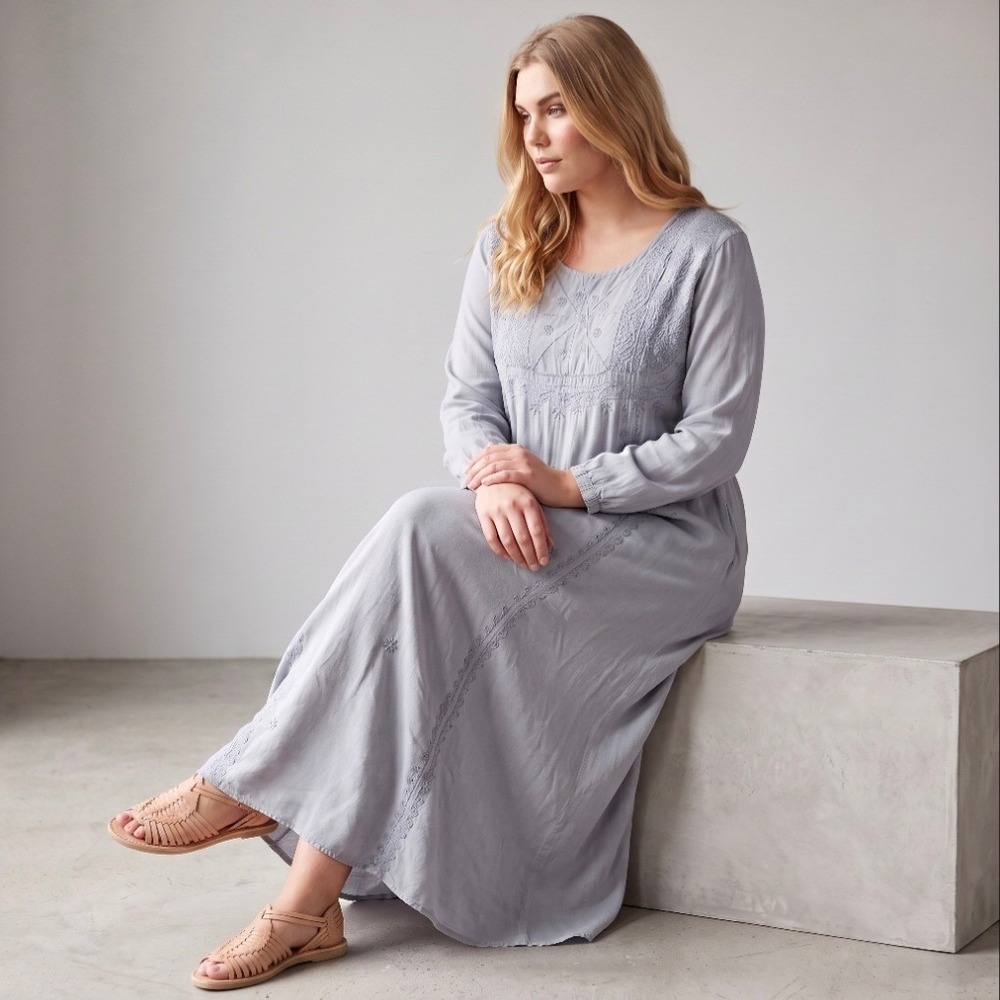 Womens Modest Embroidered Boho Viscose LS Maxi Dress Casual Chic Grey XL